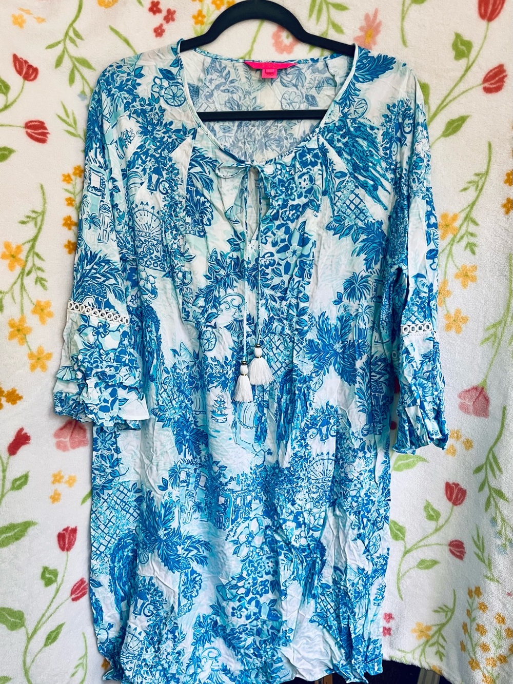 Lilly Pulitzer Azita Tie-Neck Tunic Dress in Toile Me About It with Tassels